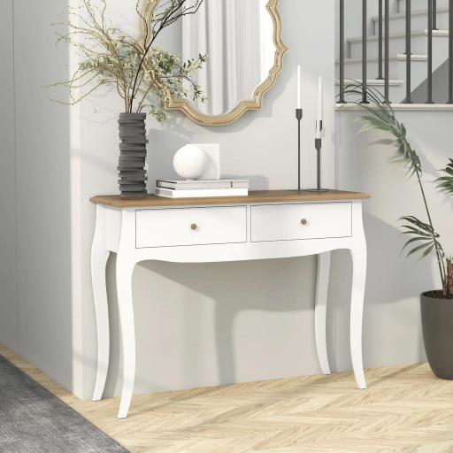 Mesa de Consola con 2 Cajones Estilo Francés para Pasillo Dormitorio Salón 100x35x76,5 cm Blanco y Marrón Oscuro