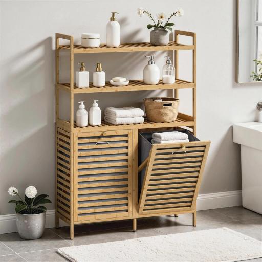 Mueble Ropa Sucia de Bambú con 2 Cestos para Ropa Sucia Inclinables 38,7 L y 3 Estantes 80x30x118 cm Roble