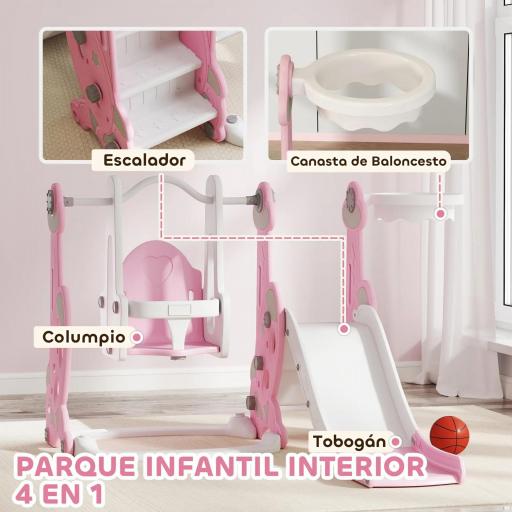  4 en 1 Parque Infantil Interior para +18 Meses Conjunto con Trepador y Canasta con Temática de Cohete Rosa y Blanco [4]