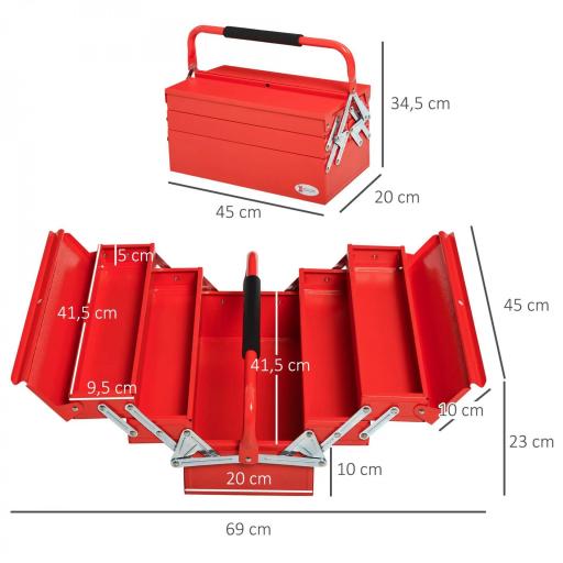 Caja de Herramientas Metálica, Maletín de Herramientas de Acero Plegable con 5 Bandejas y Asa, para Taller, Garaje, 45x20x34,5 cm, Rojo [1]