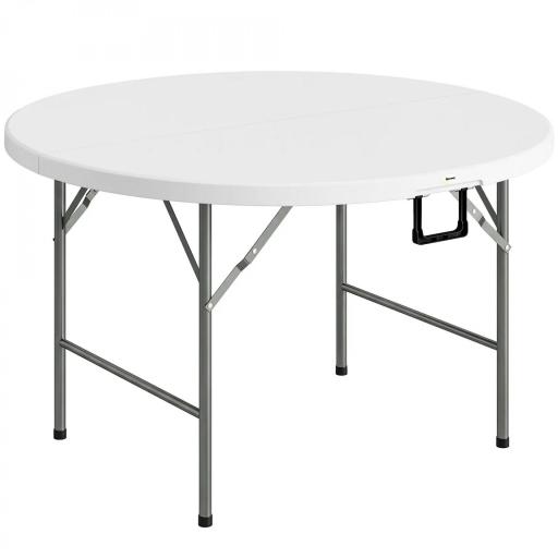 Mesa Auxiliar Redonda Mesa de Jardín Plegable con Marco de Acero y Encimera de HDPE Carga 80 kg Ø122x73 cm Blanco [10]