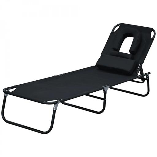 Tumbona de Jardín con Respaldo Ajustable en 4 Niveles Almohada Marco de Acero y Orificio de Lectura 190x56x28 cm Negro [7]