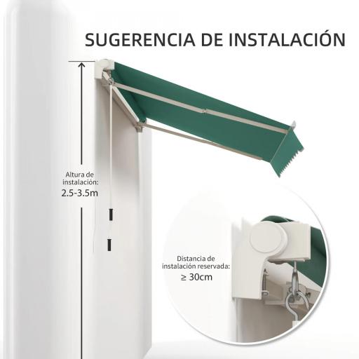 Toldo de Pared con Brazo Articulado y Manivela Marco Resistente de Aluminio y Cubierta de Poliéster 295x245 cm Verde [5]
