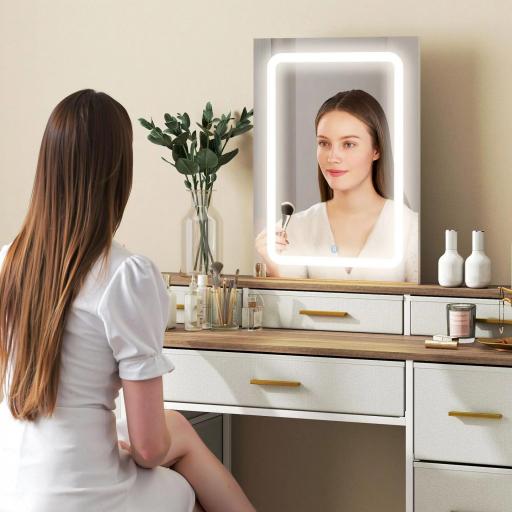 Tocador de Maquillaje con Luces LED de 3 Colores Espejo Tocador con 10 Cajones de Tela Patas de Acero Natural [3]