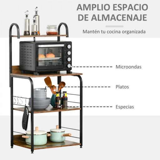 Estantería de Cocina de 4 Niveles con Ganchos Estantería para Microondas 60x40x125 cm Marrón Rústico y Negro [2]