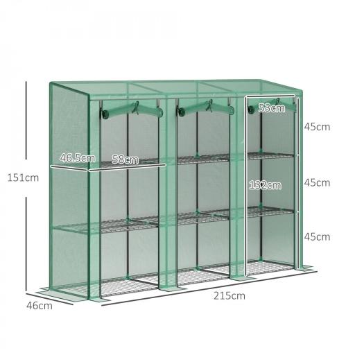 Invernadero de Exterior de 3 Niveles con Puerta Enrollable con Cremallera 9 Estantes Cubierta de PE 215x46x151cm Verde [1]