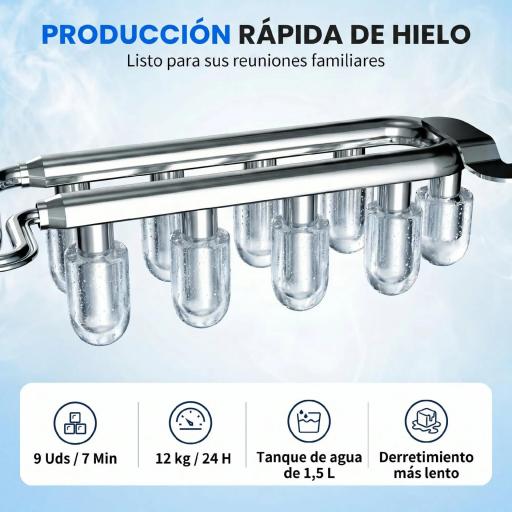 Máquina de Cubitos de Hielo Autolimpiable 12 kg/24H 9 Cubitos Listos en 7 Minutos 2 Tamaños de Hielo 1,5L Depósito Azul [4]