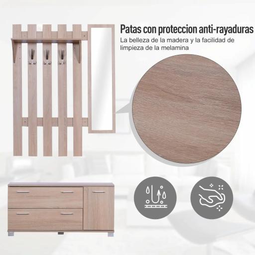 Conjunto de Recibidor de Entrada con Espejo Perchero Zapatero 3 Ganchos Estante y 2 Cajones para Pasillo Roble [3]