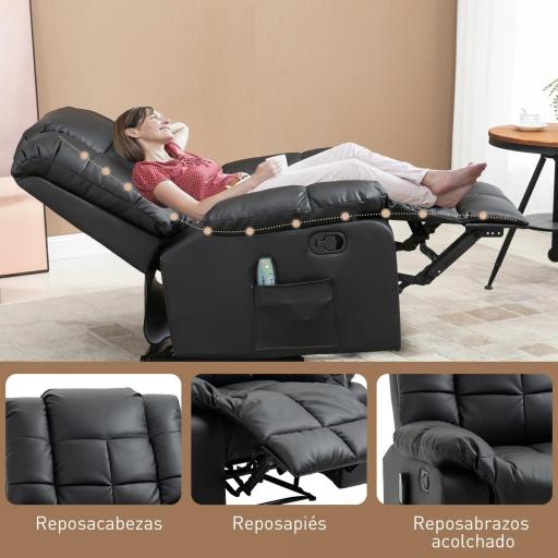 Sillón de Masaje Reclinable con 8 Puntos de Masaje Mando a Distancia Tapizado en PU Reposapiés Bolsillo Lateral Negro [4]