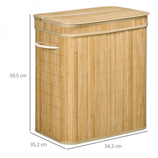 Cesto de Ropa Sucia 90 L de Bambú con 2 Compartimentos Asas Bolsa Interior Extraíble 54,2x35,2x59,5 cm Natural [1]