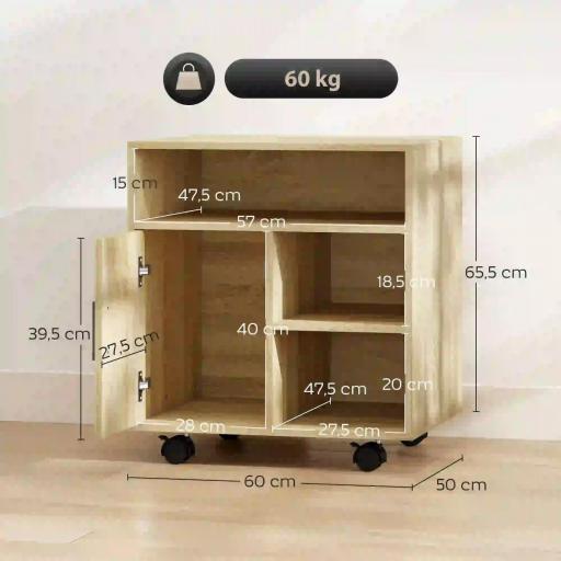 Mueble para Impresora con Ruedas Multifuncional con Estantes con Amplio Espacio de Almacenaje 60x50x65,5 cm Natural [4]