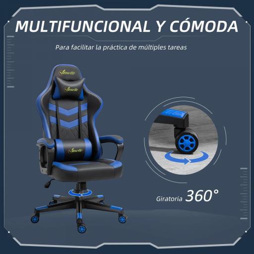 Silla Gaming Altura Regulable Basculante con Reposacabezas Cojín Lumbar 61x70x121-129 cm Azul [3]