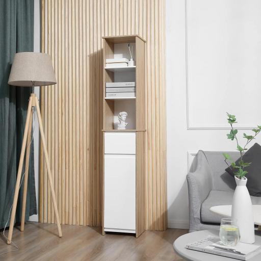 Armario Alto de Baño Mueble Columna de Baño con 1 Puerta Cajón y 3 Estantes Balda Ajustable para Cocina Salón 32,6x30x171,2 cm Madera Natural y Blanco [5]