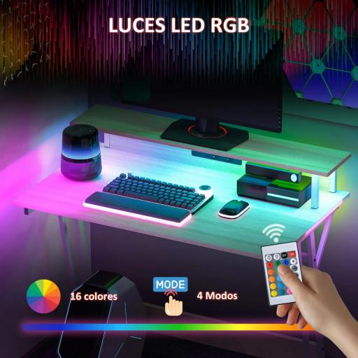 Escritorio Gaming con Luces LED 100x60 cm omas de Corriente Soporte para Monitor Estantes y Control Remoto Natural [2]