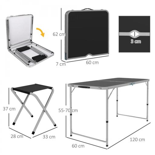 Mesa de Camping Plegable Tipo Maletín con 4 Taburetes plegables Mesa 120x60x55-70 cm y Taburetes 33x28x37 cm Negro [1]