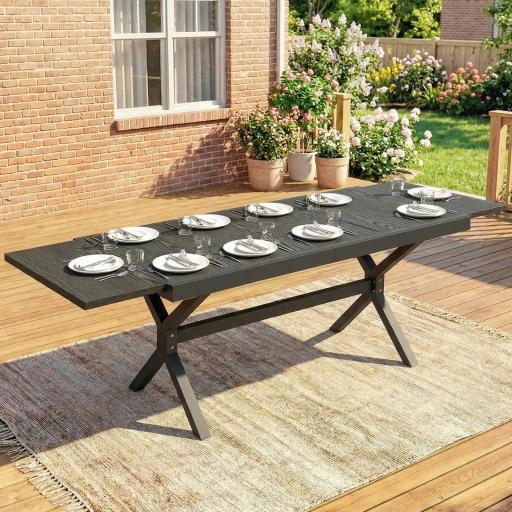 Mesa de Comedor Exterior Extensible 154/214 cm para 8-10 Personas de Aluminio Acero con Tapa Imitación Madera Gris [0]