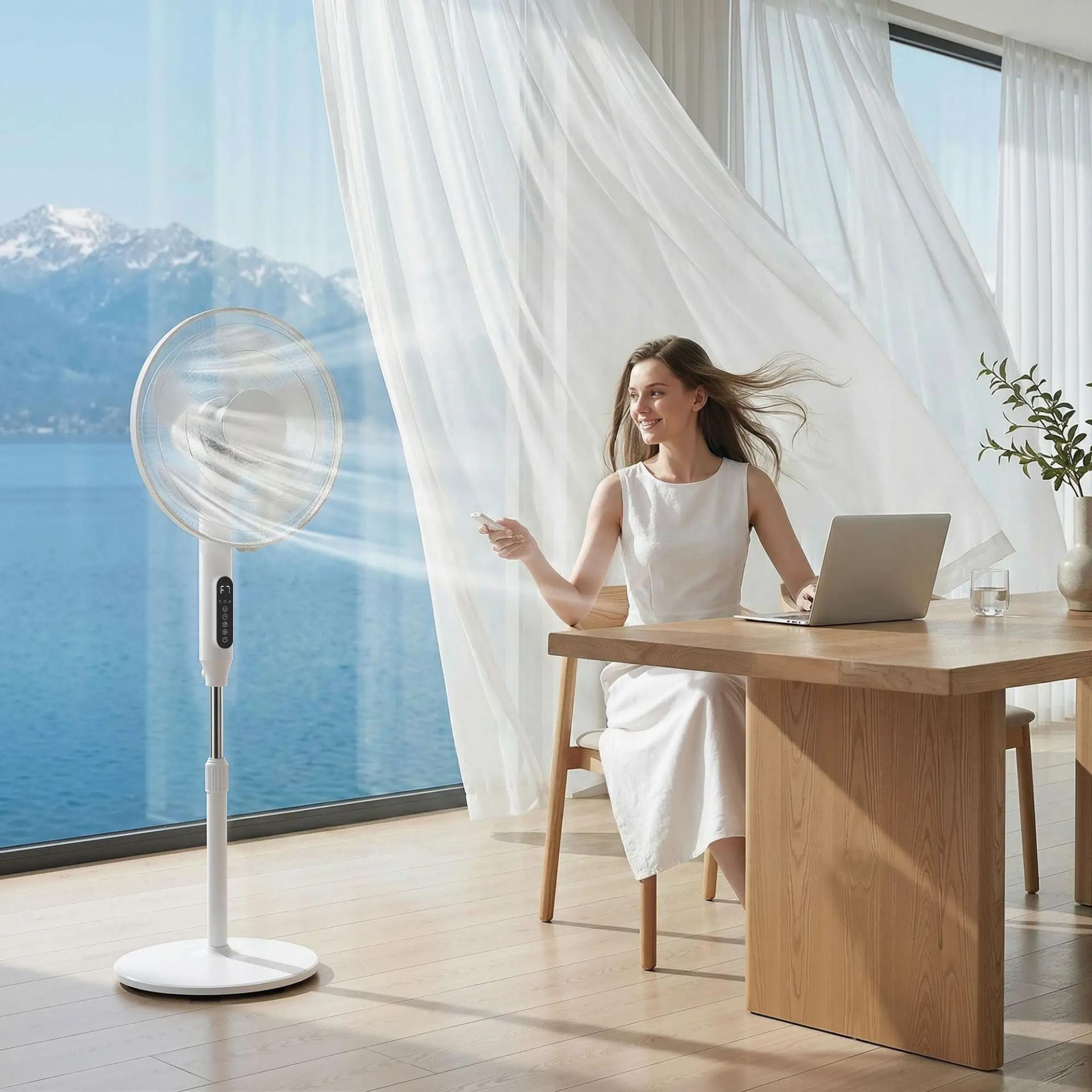Ventilador de Pie con Control Remoto Función Wifi Altura Ajustable 3 Velocidades 3 Modos Oscilación Temporizador Blanco