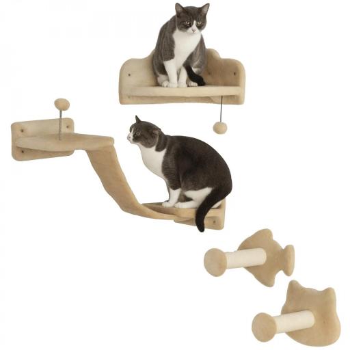 Rascador de Pared para Gatos con 2 Postes de Sisal Plataforma Doble con Escalera Suave y 1 Plataforma para Saltar Beige [7]