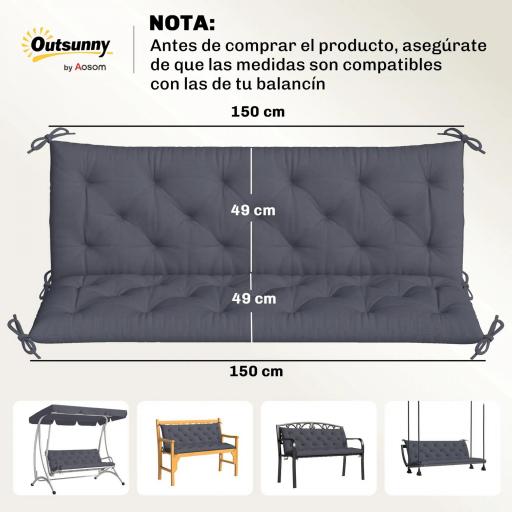 Cojín para Banco de Jardín con Respaldo, 150x98x8 cm, Colchón de Banco de 3 Plazas para Interior y Exterior con Relleno Grueso y Cintas de Sujeción, para Columpio, Terraza, Balcón Gris Oscuro [1]