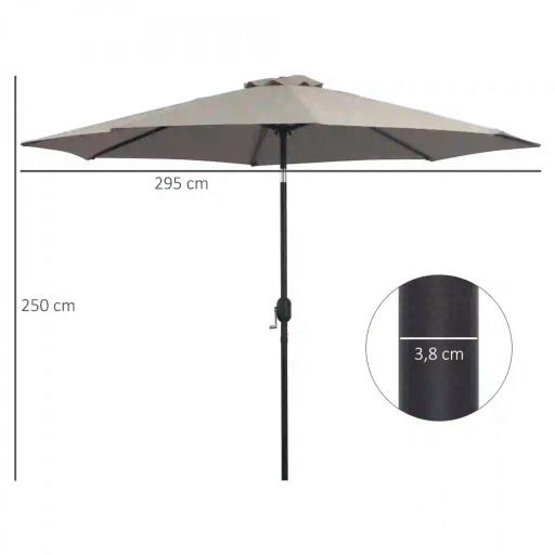 Sombrilla de Jardín Ø295x250 cm con Manivela Parasol Exterior con Mecanismo de Inclinación y Poste Desmontable de Metal para Terraza Piscina Patio Gris Claro [1]