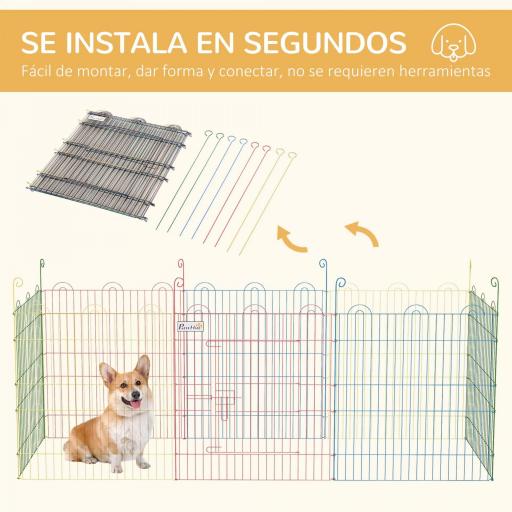 Parque Plegable para Perros de 8 Paneles Ø156x60 cm Valla Metálica con Puerta Estacas Interior Exterior Multicolor [6]