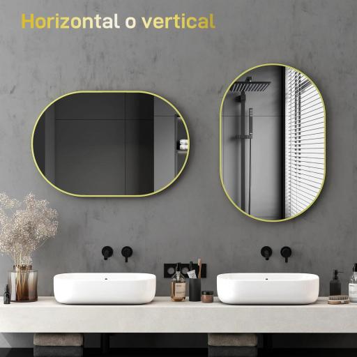 Espejo de Baño Ovalado 60x90 cm Espejo Decorativo de Pared con Marco de Aluminio para Salón Horizontal o Vertical Dorado [3]