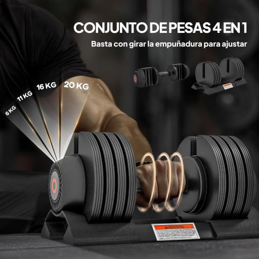 Mancuerna Ajustable 4 en 1 20 kg Ajuste Rápido de Peso con Base de Almacenaje Mango Antideslizante para Gimnasio en Casa [3]