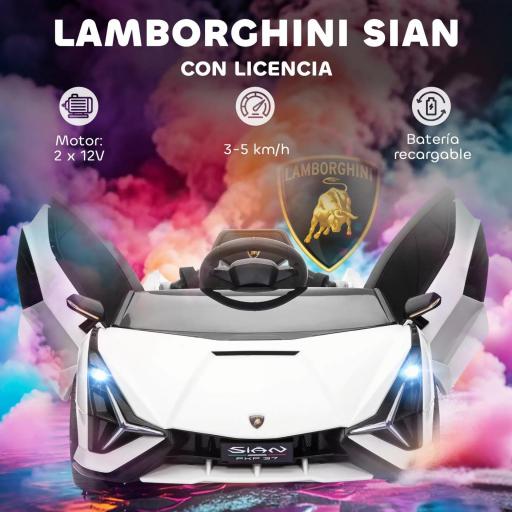 Coche Eléctrico Lamborghini SIAN 12V para Niños de +3 Años con Mando a Distancia Música MP3 USB 108x62x40 cm Blanco [2]