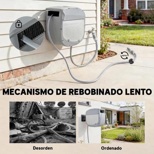 Carrete de Manguera Retráctil 20+1,9 m con Boquilla de 2 Modos Bloqueo Automático y Retracción Controlada Soporte Gris [3]
