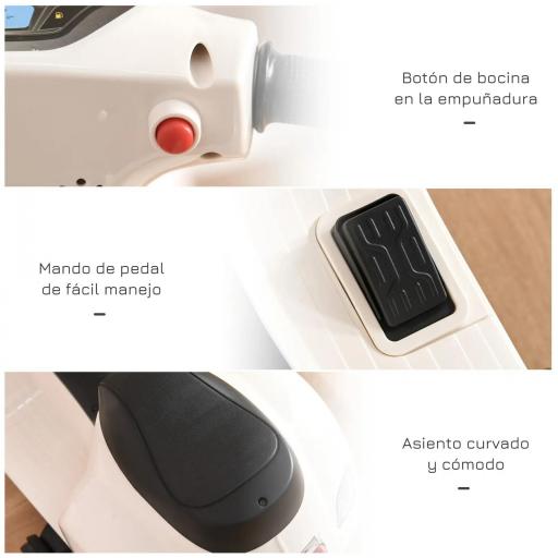 Motocicleta Infantil con Faro Bocina y 4 Ruedas Moto Eléctrica Vespa para Niños con Licencia 66,5x38x52 cm Blanco [4]