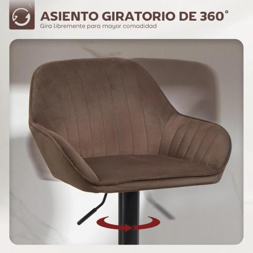 Juego de 2 Taburetes de Bar Giratorios Altura Ajustable 62-83 cm Tapizada en Terciopelo Respaldo y Reposapiés Marrón [3]