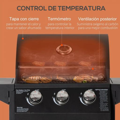 Barbacoa de Gas con 3 Quemadores 8,7 KW con 2 Mesas Laterales Armario de 2 Puertas 4 Ruedas y Frenos 121x55x109 cm Negro [4]