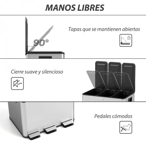 Papelera Cocina de Acero Inoxidable con 3 Compartimentos 3x10L con Pedales Tapas de Cierre Suave y Cubo Extraíble Plata [6]