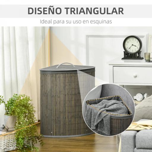 Cesto para Ropa Sucia de Bambú Capacidad de 55L Cesta para la Colada en Forma de Abanico 38x38x57 cm Gris [6]