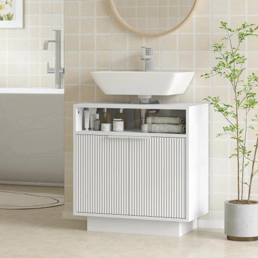 Mueble bajo Lavabo con 2 Puertas Acanaladas y Compartimento Abierto para Lavabo sin Pedestal 60x33x63 cm Blanco [8]