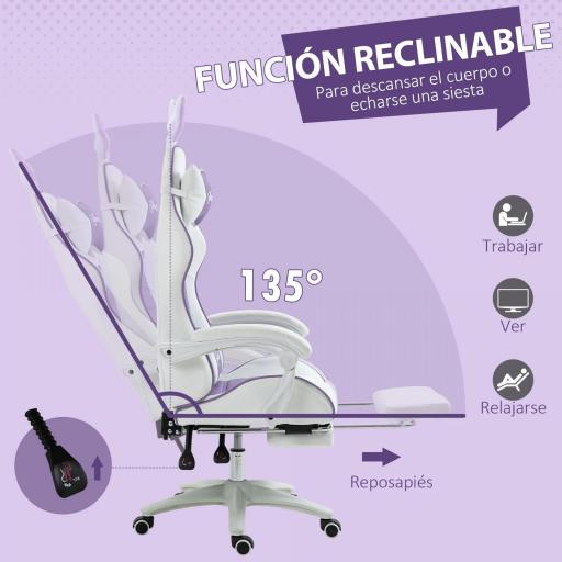 Silla Gaming de Cuero Sintético Reclinable 135° Reposacabezas Soporte Lumbar y Reposapiés 65x63x136-142 cm Púrpura [6]