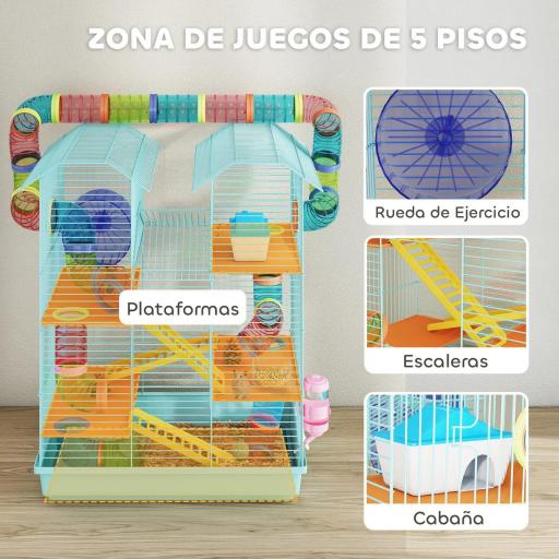 Jaula para Hámster de Múltiples Niveles con Tubos Plataformas Comedero Bebedero Casita Rueda Escaleras 47x30x59 cm Azul [4]