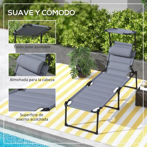 Tumbona de Jardín con Toldo Ajustable Respaldo Regulable en 4 Niveles Reposacabezas para Terraza 70x200x45 cm Gris [4]
