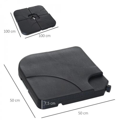 Conjunto de 4 Pesos Rellenables con Agua o Arena de HDPE para Sombrillas con Base Cruzada 50x50x7,5 cm c/u Negro [1]