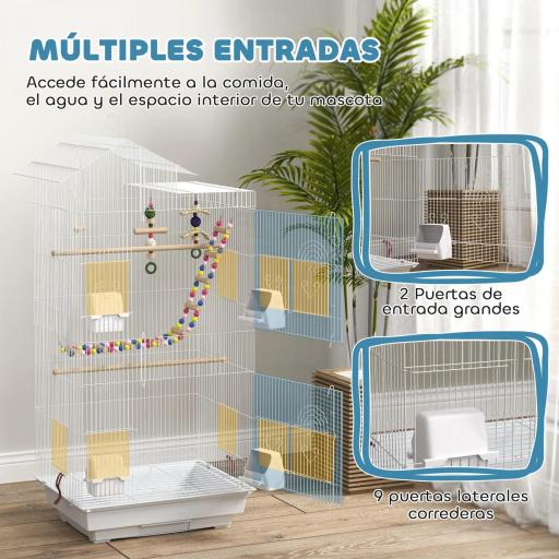 Pajarera con Múltiples Puertas 4 Comederos 3 Perchas Columpio Escaleras y Bandeja Extraíble 46x36x100 cm Blanco [1]