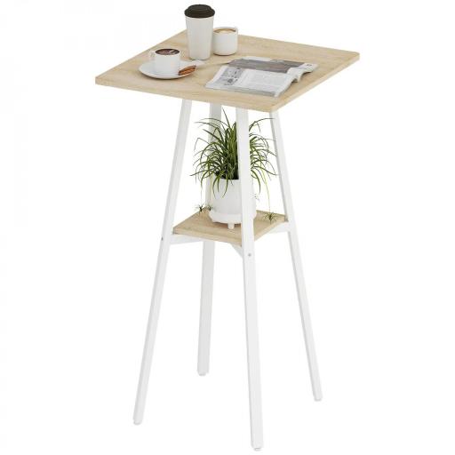 Mesa Alta Cocina Cuadrada con Estante para 2 Personas Patas de Metal 55x55x95 cm Madera Natural y Blanco [9]