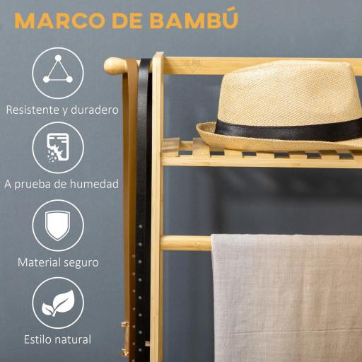 Perchero de Pie de Madera de Bambú para Ropa con 2 Estantes 2 Ganchos y Barra para Colgar 114x40x139 cm Natural [6]