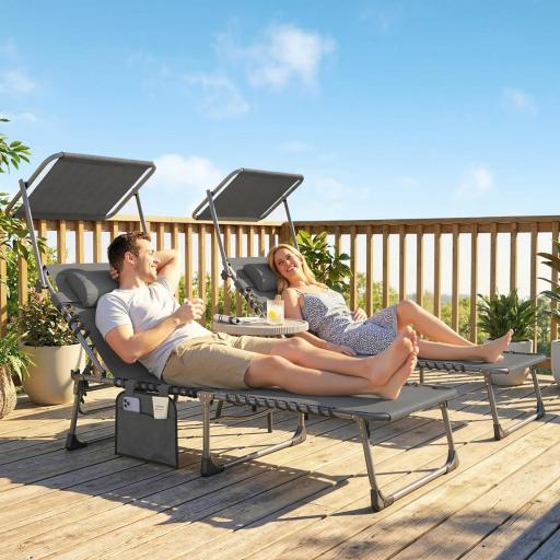 Set de 2 Tumbonas Plegables con Reposacabezas Parasol Bolsillo Lateral y Respaldo Reclinable en 5 Posiciones Gris [7]