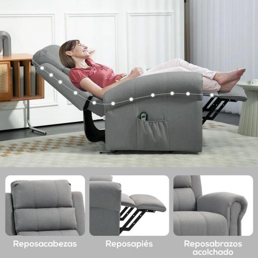 Sillón Relax Reclinable Eléctrico Levanta Personas con Masaje Vibratorio y Calor Control Remoto Gris [6]