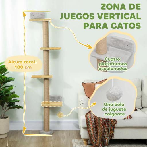 Árbol para Gatos de Pared de 5 Niveles Rascador para Gatos Estrecho con Bola y Rascadores 48x21x180 cm Gris Claro [3]