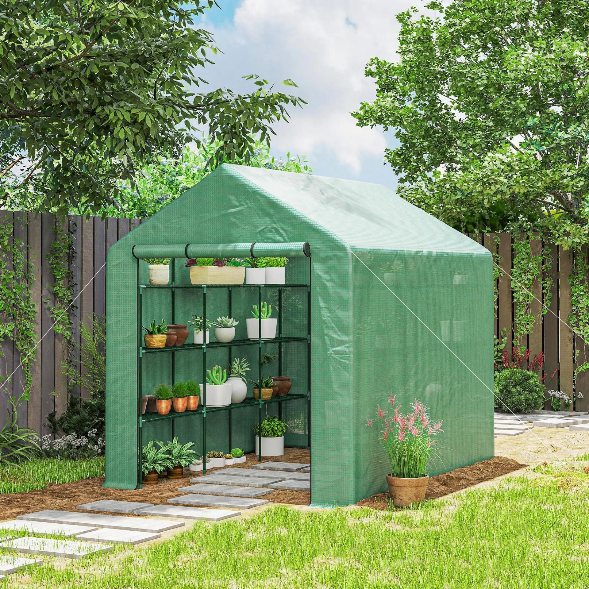 Invernadero de Exterior con Estantes de 4 Niveles Puerta con Cremallera y Marco de Acero 244x180x210 cm Verde