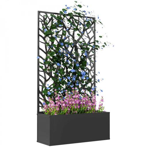 Jardinera Elevada con Panel de Privacidad de Ramas Decorativas de Metal y Opción de Montaje en Pared 61x23x113 cm Negro [9]
