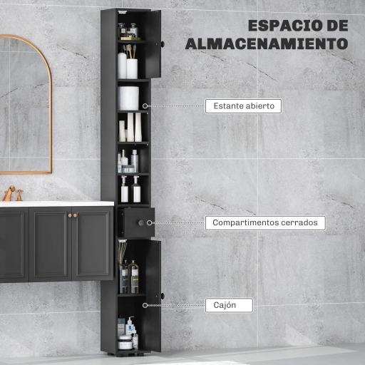 Armario de Baño Alto Columna de Baño Estrecha con 1 Cajón 4 Estantes Abiertos y Estantes Ajustables 20x20x180 cm Negro [2]