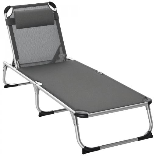 Tumbona Plegable Reclinable de Aluminio con Reposacabezas Extraíble y Respaldo Transpirable Ajustable en 4 Posiciones para Jardín Terraza Camping Exterior 165x60x76 cm Gris [10]