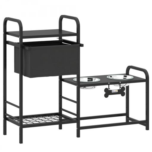 Comedero Perro Elevado con Cajón de Tela 2 Cuencos de Acero Inoxidable 2x800 ml Altura Ajustable 2 Estantes Negro [7]
